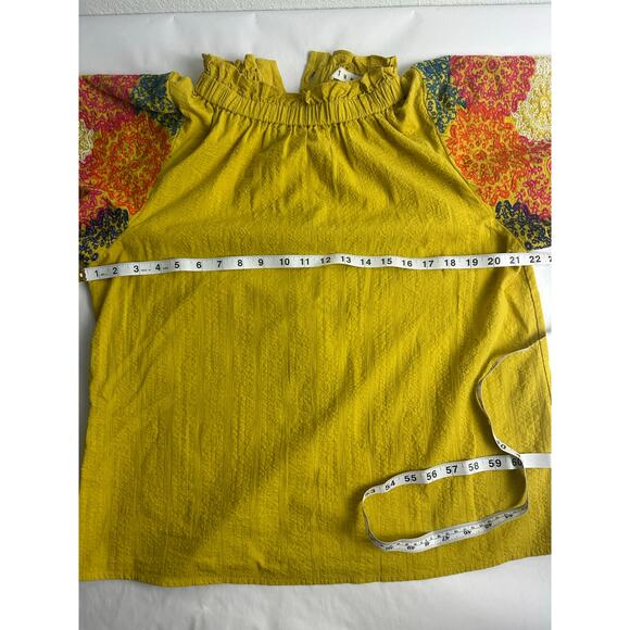 THML Size Large Embroidered Ruffled Mock Neck Top Boho Puff Sleeves Yellow - Picture 10 of 10